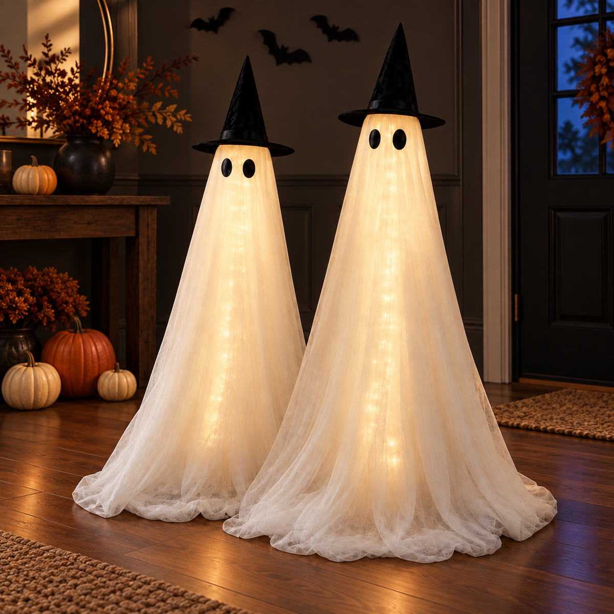 Two light-up ghosts with black witch hats, styled indoors for Halloween. Other decorations are not included.
