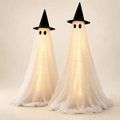 Two white light-up Halloween ghosts with black witch hats. Both ghosts are included in one set.